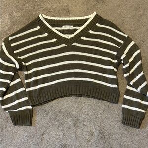 American Eagle Outfitters Olive and White V-Neck Sweater